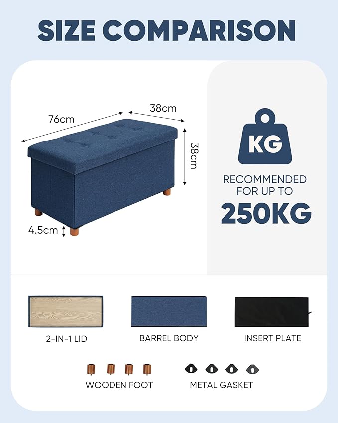B FSOBEIIALEO Storage Ottoman with Tray, Foot Stools and Ottomans with Legs, Storage Cube Seat Linen Blue 30"