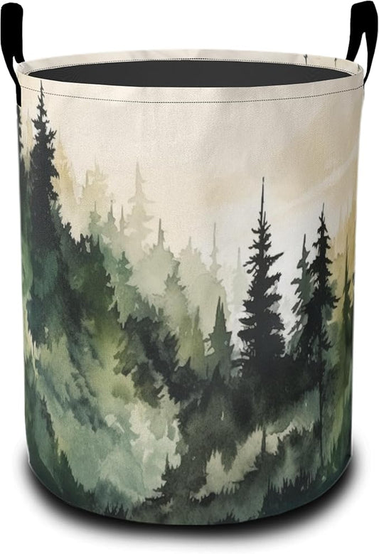 Landscape Pine Forest Laundry Hamper Large Canvas Fabric Lightweight Storage Basket/Dirty Clothes Collapsible Waterproof for College Dorms, Boys and Girls Bedroom,Bathroom