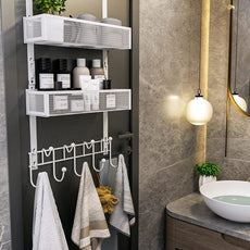 Consumest Over The Door Organizer Hooks, Door Hanger with 9 Coat Hooks & 2 Mesh Basket, Rustproof Back Storage Organizer for Bathroom, Kitchen, Bedroom-White (for 1.76in Doors)