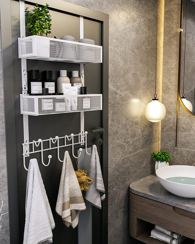 Consumest Over The Door Organizer Hooks, Door Hanger with 9 Coat Hooks & 2 Mesh Basket, Rustproof Back Storage Organizer for Bathroom, Kitchen, Bedroom-White (for 1.76in Doors)
