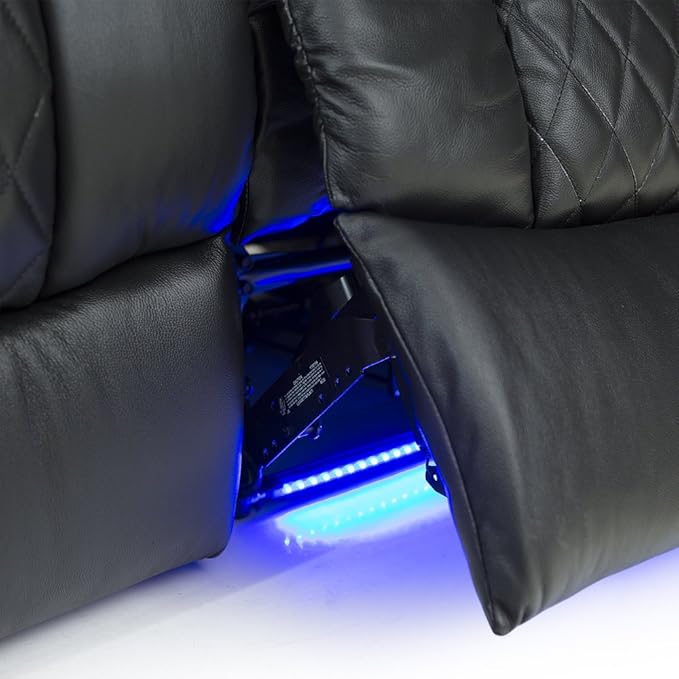 Seatcraft Anthem Home Theater Seating - Italian Leather - Power Recline Sofa - Fold-Down Table - Powered Headrests - Arm Storage - USB Charging - Cup Holders, Black