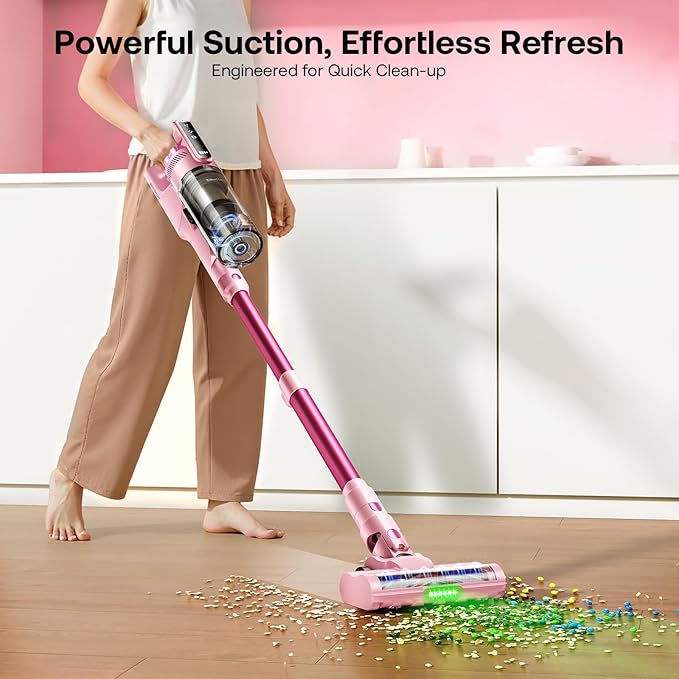 Trucozie Cordless Vacuum Cleaner, Self-Standing Lightweight Stick Vacuum with 50 mins Runtime, Powerful Suction, Anti-Tangle Wireless Vacuum for Home, Hardwood Floor, Carpet, Pet Hair, Pink