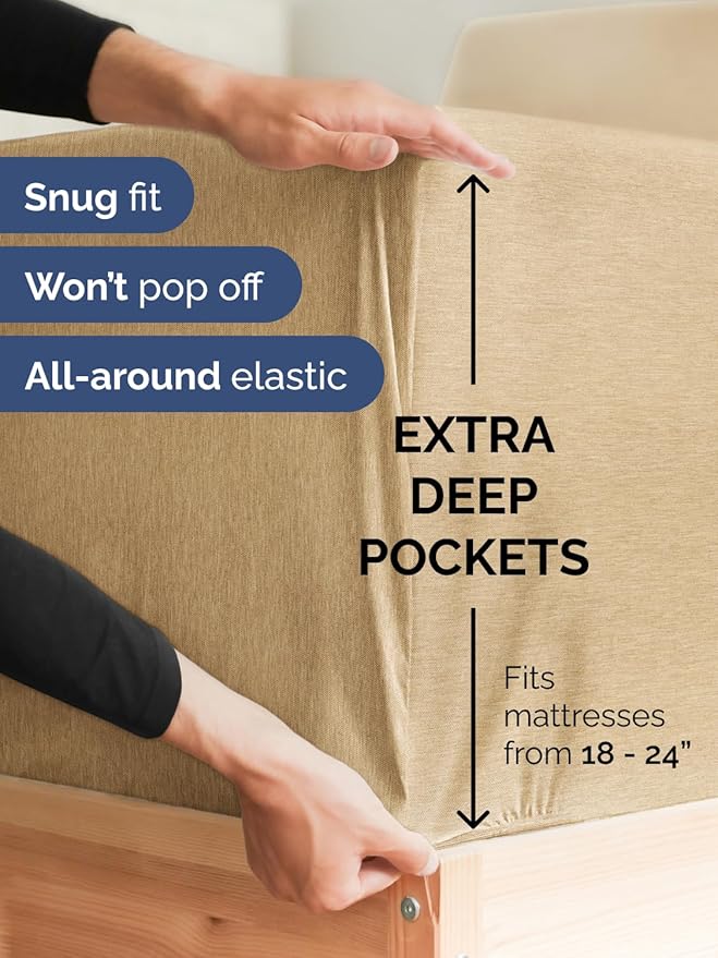 Extra Deep Pocket Cal King Sheets - 4 Piece Breathable & Cooling Bed Sheets - Hotel Luxury Bed Sheet Set - Soft, Wrinkle Free & Comfy - Easily Fits Extra Deep Mattresses - Heathered Tan Sheets Set