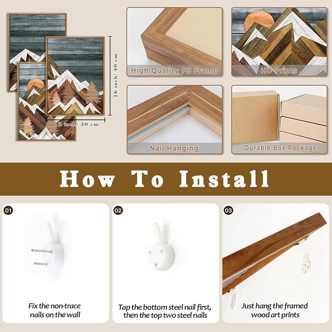 Framed Mountain Wall Art Boho Mountain Wall Decor Modern Nature Artwork 12" Lx16 W Set of 3 for Living Room Bedroom Office