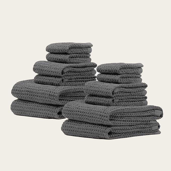 Italic Waffle 12-Piece Family Towel Set – 4 Bath Towels, 4 Hand Towels & 4 Washcloths – Soft, Lightweight, Quick Dry 100% Cotton Waffle Weave for Bathroom & Spa (Charcoal)