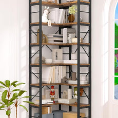 7-Tier Corner Bookshelf, Reversible Wooden Shelves, Industrial Bookcase with Open Shelves and Sturdy Metal Frame, Display Shelf Storage Rack for Living Room, Bedroom, Home Office (Rustic Brown)