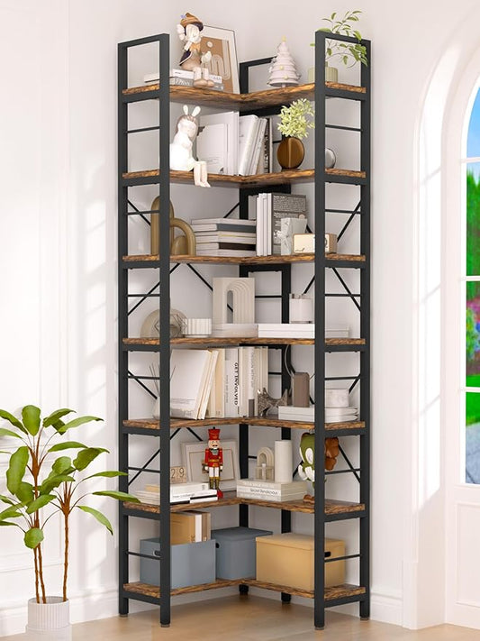 7-Tier Corner Bookshelf, Reversible Wooden Shelves, Industrial Bookcase with Open Shelves and Sturdy Metal Frame, Display Shelf Storage Rack for Living Room, Bedroom, Home Office (Rustic Brown)