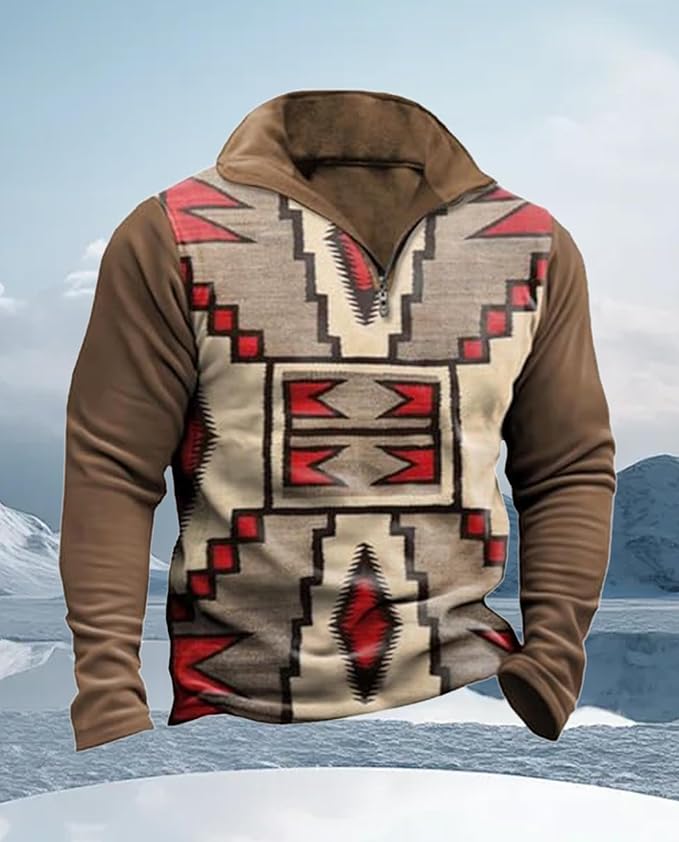 Western Sweatshirts for Men Aztec Cowboy Vintage Graphic Fleece Hoodie Mens Quarter Zip Pullover Country Jacket