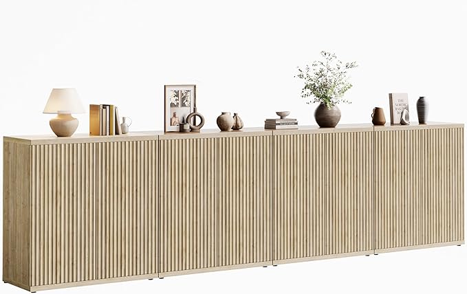 Fluted Buffet Cabinet Sideboard with Storage,Wooden Credenza with 2 Doors&Adjustable Shelve, Modern Accent Cabinets Coffee Bar Bookcase for Living Room,Kitchen Dining Room Entryway 15"D Natural Oak