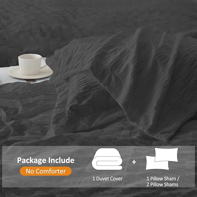 Cozyide Dark Grey Twin Duvet Cover, 2 Pieces Bedding Duvet Covers, Soft Breathable Seersucker Duvet Cover Set with Zipper Closure and Corner Ties (1 Duvet Cover 68"x90" + 1 Pillow Sham 20"x26")