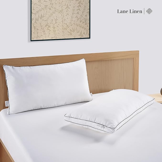 LANE LINEN Bed Pillows Standard Size Set of 2, Medium Soft Support Gusseted Hotel Pillows, Down Alternative Standard Pillow for Side Sleepers, Machine Washable, Comfortable for Quality Sleep - White
