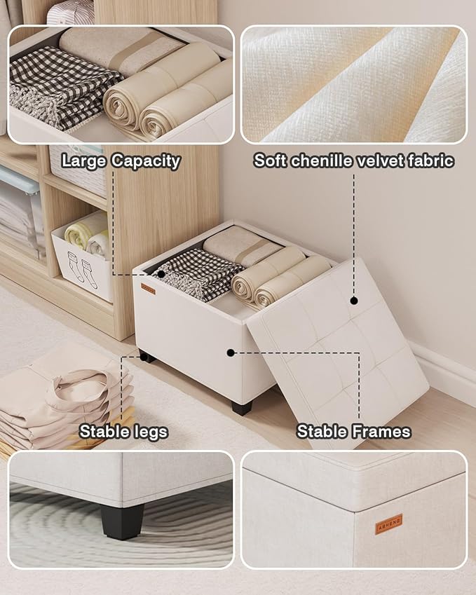 17.7 inches Chenille turfed Ottomans Cube with Storage, Metal-Framed Square Storage Ottoman Foot Rest Stool Holds 770 LB for Dorm Living Room Bedroom White UASND641W