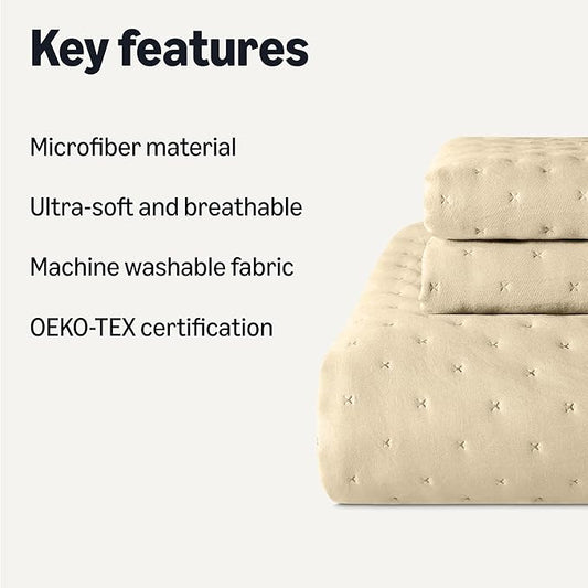 Amazon Basics Brushed Microfiber Quilt Set, Extra Soft with Natural Texture, 3-Piece,King, Beige