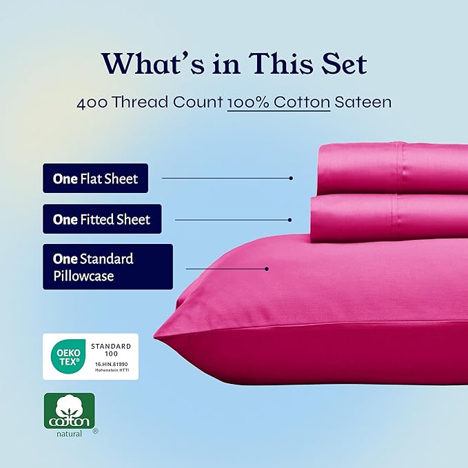 California Design Den Natural 100% Cotton Bed Sheets Twin XL Size Set - 400 Thread Count Sateen, Twin XL Sheets Set, Deep Pockets, All Around Elastic, Durable Bedding for Dorm Room - Hot Pink CaliforniaDesignDen