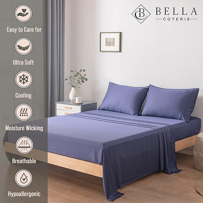 Bella Coterie Luxury Bamboo Viscose Queen Size Sheet Set | 100% Organically Grown | Ultra Soft | Cooling for Hot Sleepers | 18" Deep Pocket [Twilight Blue]