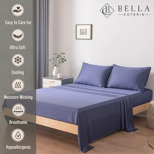 Bella Coterie Luxury Bamboo Viscose Queen Size Sheet Set | 100% Organically Grown | Ultra Soft | Cooling for Hot Sleepers | 18" Deep Pocket [Twilight Blue]