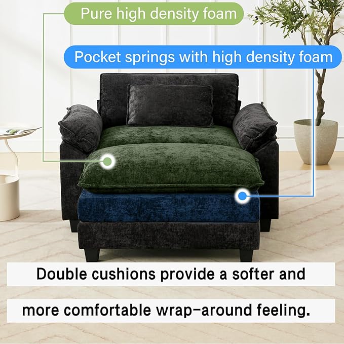 53" Modular Sectional Sofa, Comfy Cloud Couch Sectional Sofa with Ottoman, Chenille Sofa Sleeper Deep Seat Sofa with Throw Pillows for Living Room (Black)