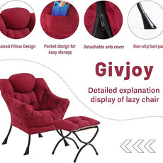 Lazy Chair and Ottoman, Large Accent Lounge Chair with Armrests and a Side Pocket, Modern Leisure Upholstered Sofa Reading Armchair with Footrest for Bedroom, Living Room, Dorm Rooms, Office