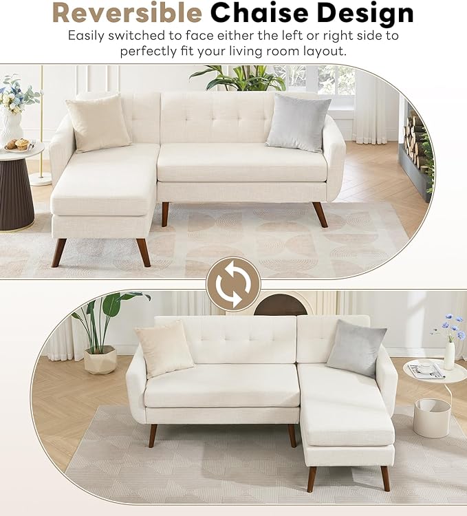 Tbfit L Shaped Couch Sofa, 80" W Mid-Century Modern Sectional Couches, 3 Seater Sofas with Wide Chaise Lounge, Button Tufted Upholstered Sectional Sofa for Living Room, Bedroom, Beige