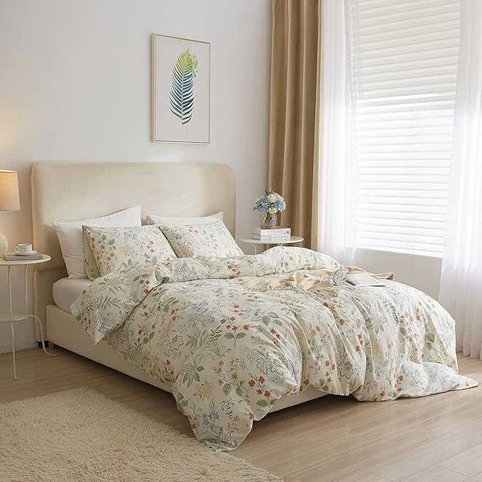 HighBuy Garden Floral Duvet Cover Queen Size Cotton Bedding Comforter Cover Set with Zipper Ties,Paisley Jacquard Floral Hotel Quality,1 Duvet Covers and 2 Pillowcases,Queen Bed Set