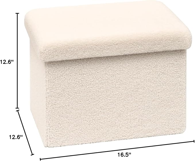 PINPLUS Storage Ottoman Cube Ottoman Foot Rest,Small Foldable Portable Boucle Upholstered Sherpa Ottomans, Faux Teddy Fur, White 16.5"x12.6"x12.6"