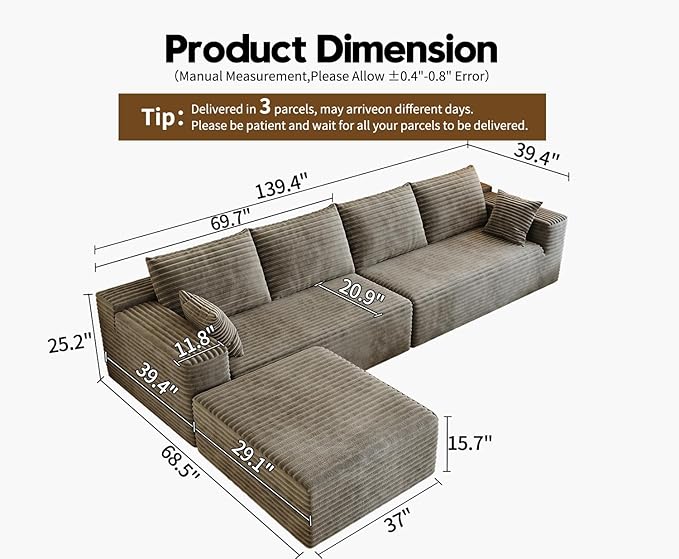 139.4" Modular Sectional Sofa, L-Shaped Minimalist Couches with Ottoman Chaise, Modern Deep Seat Convertible Sleeper Sofa,Cloud Plush Corduroy Fabric, No Assembly Required, 5 Seater, Camel