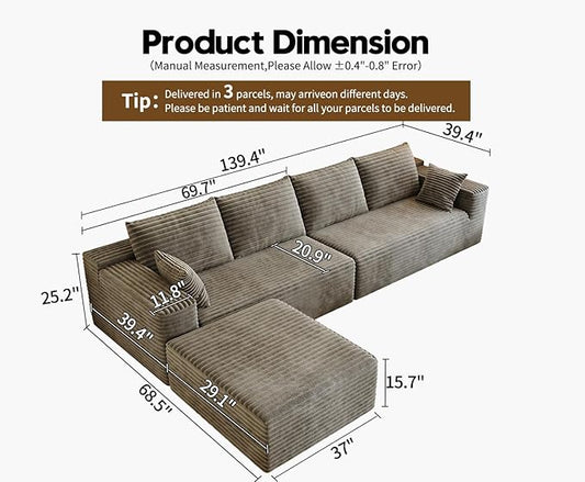139.4" Modular Sectional Sofa, L-Shaped Minimalist Couches with Ottoman Chaise, Modern Deep Seat Convertible Sleeper Sofa,Cloud Plush Corduroy Fabric, No Assembly Required, 5 Seater, Camel