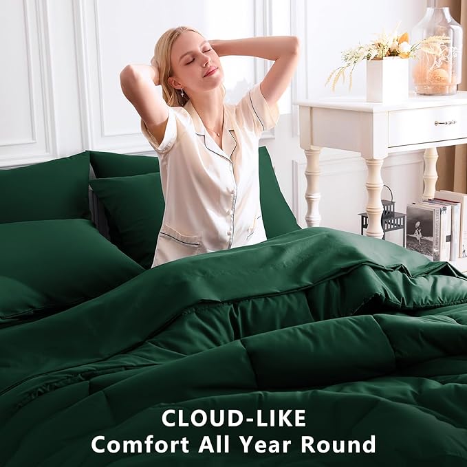 CozyLux King Size Comforter Set Emerald Green, 7 Pieces Bed in a Bag, Green Comforter King Size, All Season Bedding Sets with Stitch Quilted Comforter, Flat Sheet, Fitted Sheet, Pillowcases