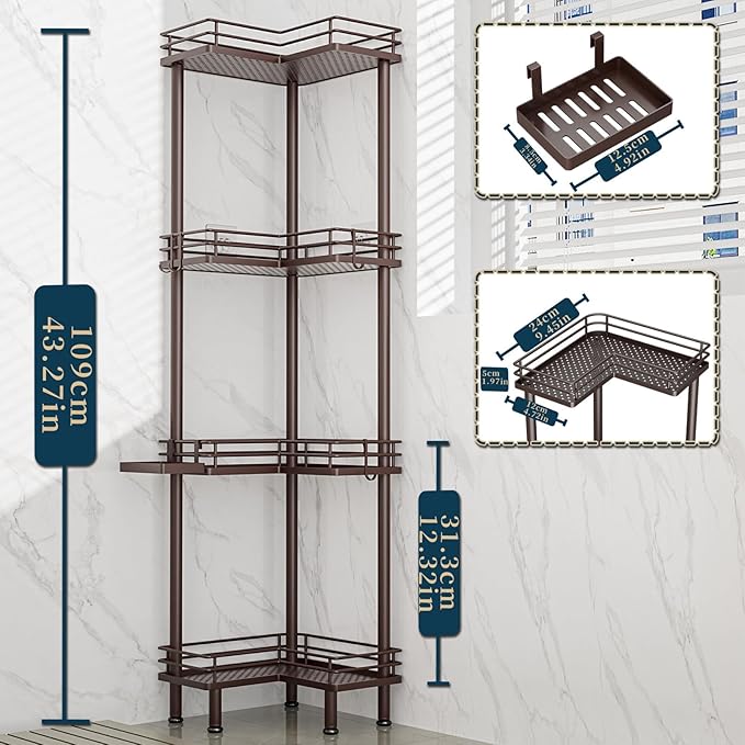 Consumest Corner Shower Caddy Standing - 4-Tier Stainless Steel Shower Organizer with Soap Holder and 4 Hooks, Large Capacity Corner Shelf Stand for Bathroom, Rest Room, Bronze