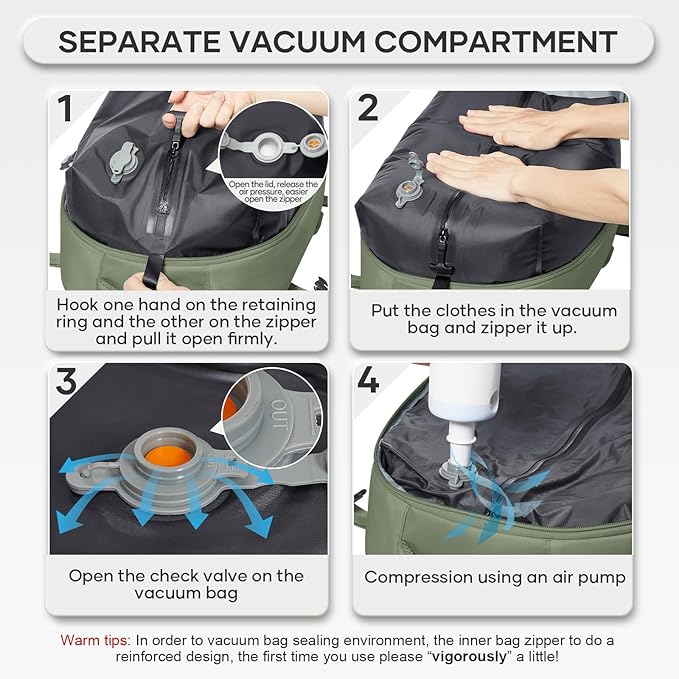 Vacuum Compression Backpack, Travel Vacuum Backpack with Electric Vacpack Pump, Flight Approved Carry On Personal Item Suitcase Luggage for Men Women, Green