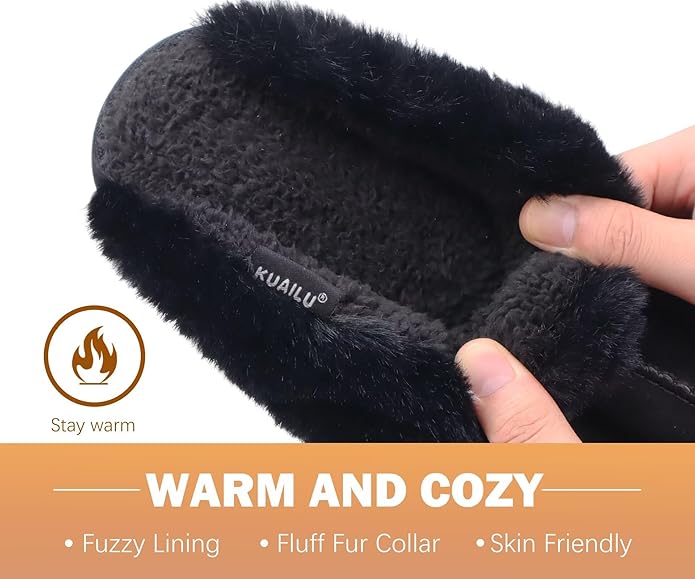 KuaiLu Womens Fluff Dual Memory Foam Slippers Ladies Cozy Arch Support Warm Scuff Slippers Slip on Comfy Winter House Shoes with Non-Slip Indoor Outdoor Hard Sole