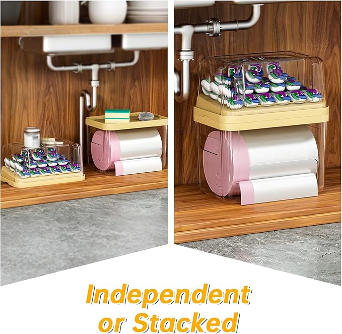 2-in-1 Trash Bag Dispenser & Laundry/Dishwasher Pods Container, Clear Acrylic Garbage Bag Organizer with Removable Lids, Under Sink Kitchen Storage Box for Pantry Organization