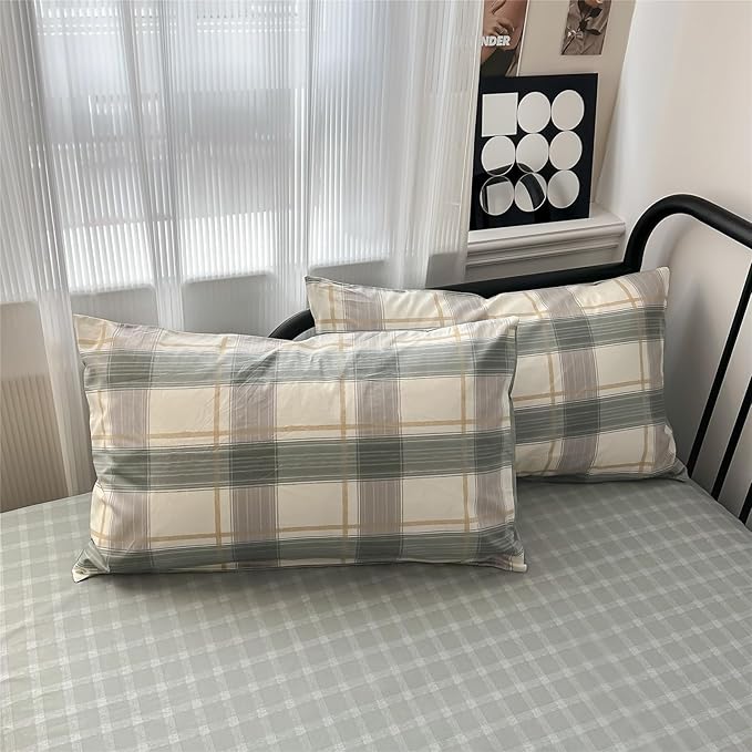 VM VOUGEMARKET Teen Boys Plaid Duvet Cover Set Twin XL Simple Farmhouse Style Cotton Green Buffalo Plaid Gingham Bedding Set 1 Duvet Cover with 2 Pillowcases