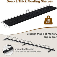 Fun Memories 55 Inch Floating Shelves for Wall Set of 2, 55x9.3 Large Floating Shelf for Bedroom, Kitchen, Bathroom, Wall Mounted Rustic Wood Shelves with Invisible Bracket for Books, Decor, Black