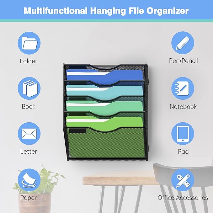 Kuntine.B Wall File Organizer (Black, 5 Tier & Hangers)