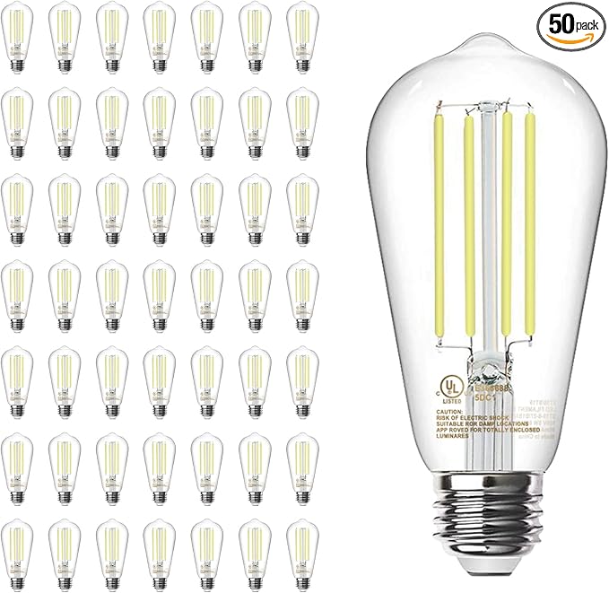 TJOY 50 Pack Vintage Edison LED Light Bulbs, Dimmable, 60W Equivalent, E26 Medium Base, 5000K Daylight, ST58, 8W, 800LM, Ultra-Bright, 80+CRI, Antique Decorative Filament, Clear Glass
