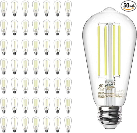 TJOY 50 Pack Vintage Edison LED Light Bulbs, Dimmable, 60W Equivalent, E26 Medium Base, 5000K Daylight, ST58, 8W, 800LM, Ultra-Bright, 80+CRI, Antique Decorative Filament, Clear Glass