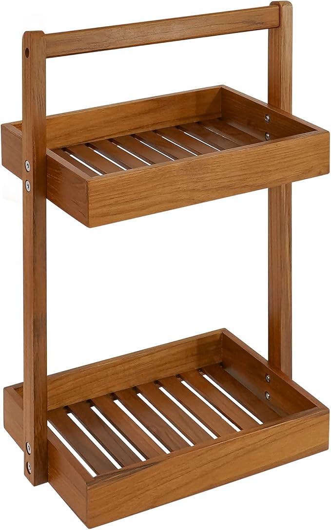 Utoplike Teak Wood Shower Caddy Corner, 2 Tier Bathroom Organizer Countertop, Standing Shower Rack with Handle, Stand Up Shower Basket for Shampoo, Shelf Rack for Inside Shower, Kitchen Desktop