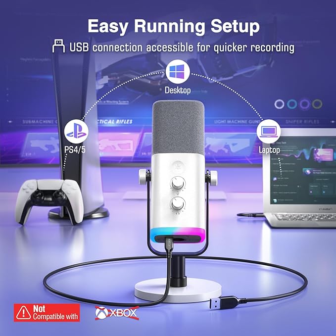 FIFINE XLR/USB Gaming Microphone for Streaming Podcasting, PC Computer RGB Mic, with Gain Knob, Mute Button, Monitoring Jack, Gamer Mic for Recording Video Creation-AmpliGame AM8 White