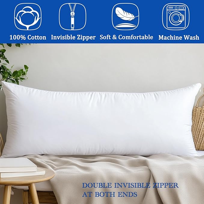 Body Pillow Cover, Precoco 100% Cotton Body Pillow Pillowcase-Premium White Pillow Case with Double Zipper Fitted, Breathable & Ultra Soft/600 Thread Count Covers for Easy Care, 20x54, 1 Pack
