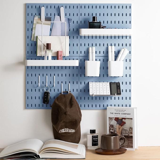 Pegboard Combination Kit, Wall Mounted Storage Set with 4 Pegboards & 14 Accessories Hanging, Blue Peg Boards Organizer for Walls Display, Crafts Organization, Kitchen Organizer, 22" x 22"