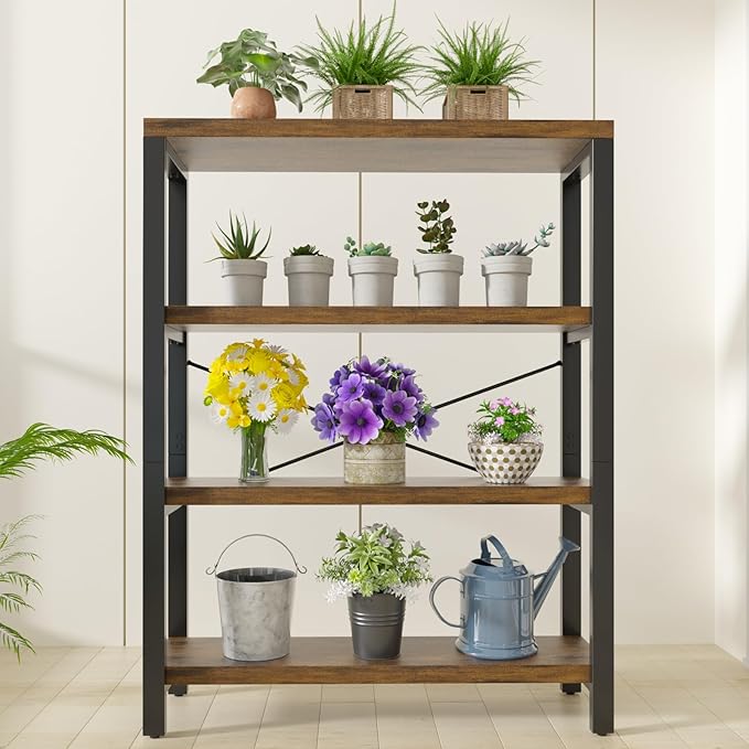 4-Tier 39.37" Wide Heavy Duty Bookshelf, Industrial Wood and Metal Bookshelf, Vintage Bookcase with Lock Wall Design, Living Room Shelf, Rustic Brown