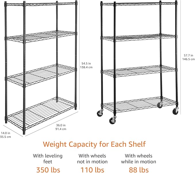 Amazon Basics 4-Shelf Adjustable, Heavy Duty Storage Shelving Unit on 3'' Wheel Casters, Metal Organizer Wire Rack, 36" L x 14" W x 57.75" H, Black