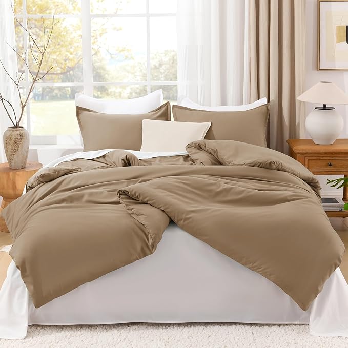 Litanika Comforter Set, Lightweight Solid Bedding Comforter Set, Fluffy Down Alternative Bed Set, Amber Brown, Oversized Queen