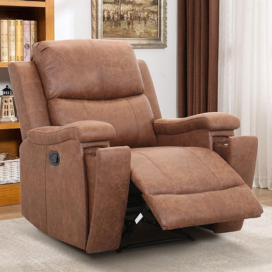 CANMOV Leather Recliner Chair, Classic and Traditional Manual Recliner Chair with Overstuffed Arms and Back, Manual Single Sofa with Concealed Cup Holders, Brown