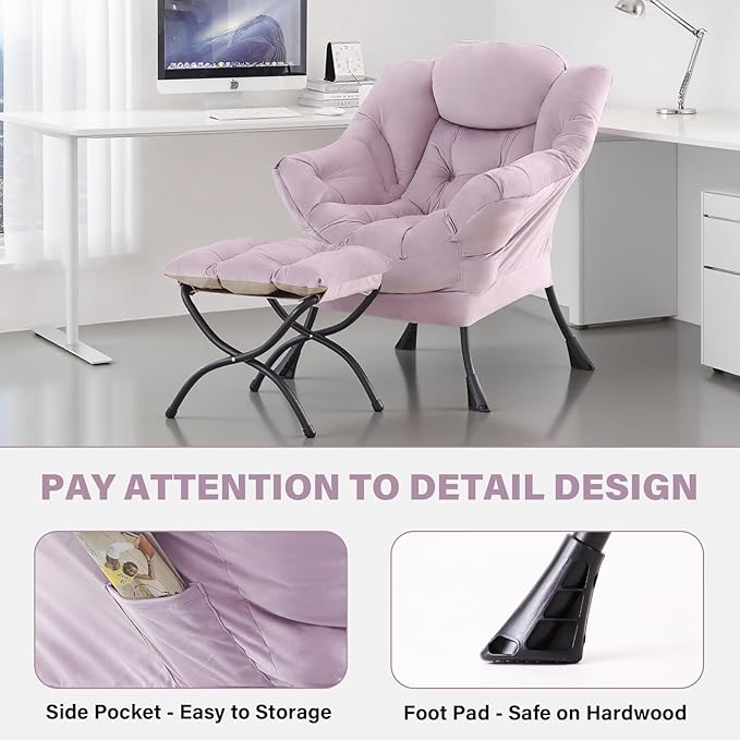 Tiita Lazy Chair with Ottoman, Modern Large Accent Lounge Armchair, Comfy Leisure Sofa Reading Chair with Footrest for Bedroom, Living Room, Dorm Rooms, Garden and Courtyard, Velvet Light Purple