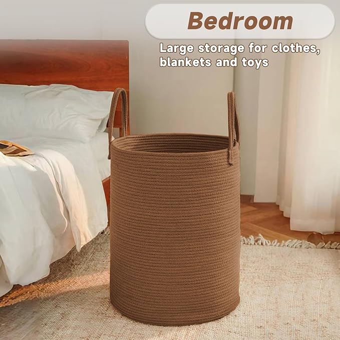 Large Woven Laundry Basket Hamper,100L Cotton Rope Storage Bin for Blankets,Toys and Clothes,Decorative Tall Nursery Hamper for Living Room,Baby Nursery,Bathroom and Bedroom,Golden Jute