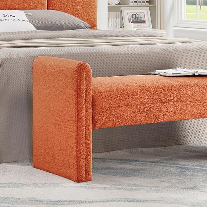 24KF Modern Upholstered Bed Bench Covered with Soft Boucle Teddy Fabric, Lovely Entryway Bench Ottoman with Armrest, 5062-Orange