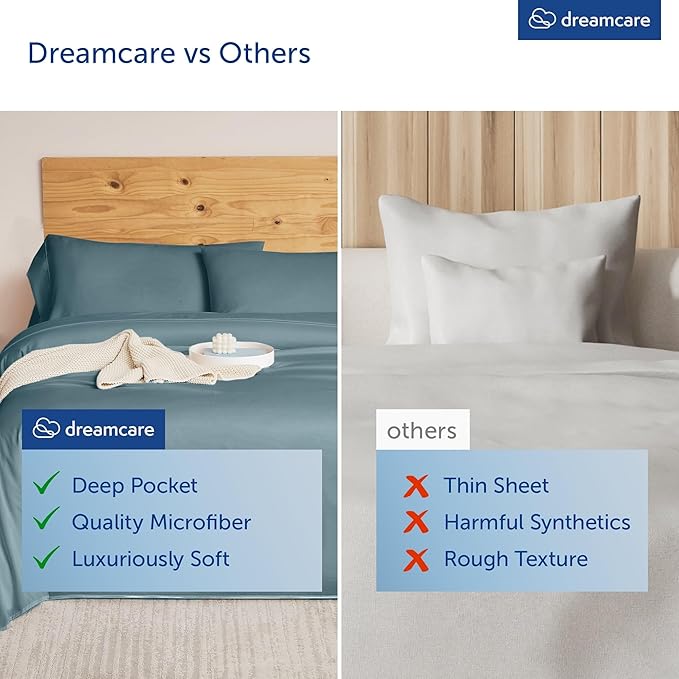 DREAMCARE Queen Size Sheets - Cooling Bed Sheets - 4pcs Set - up to 15" Deep Pocket Queen Sheet Set - Sheets Queen Size Bed - Soft & Long Lasting 100% Fine Microfiber with Side Pocket - Mineral Blue DREAMCARE