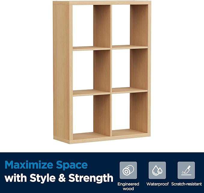 6 Cube Storage Organizer, 2x3 Cube Bookshelf, Cubby Storage Shelf, Wooden Organizer Shelf with Thickened Boards, for Closet Bedroom Home Office Living Room, 36.93" L x 9.37" W x 25.12" H, Natural-Oak
